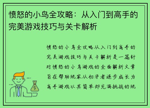 愤怒的小鸟全攻略：从入门到高手的完美游戏技巧与关卡解析